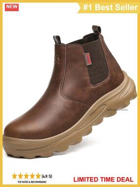 Steel Toe Work Boots Slip On Non-Slip Lightweight Faux Leather Chelsea